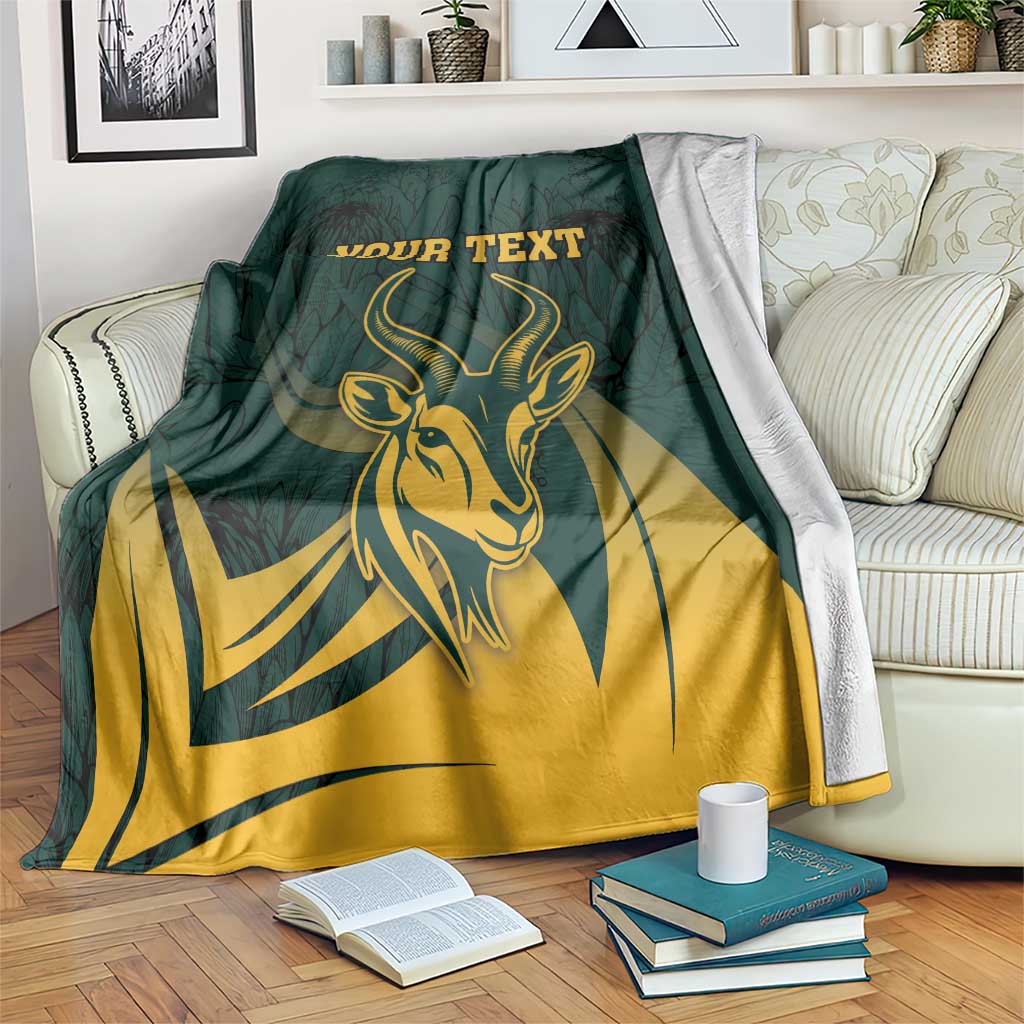 Green South Africa personalized blanket draped with gold springbok head and protea leaf pattern