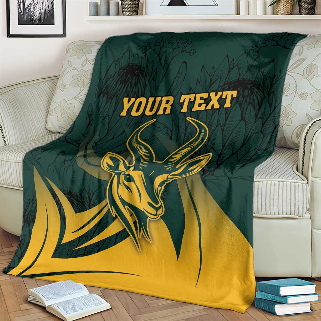 Green South Africa personalized blanket with gold springbok head and protea leaf pattern