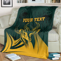 Green South Africa personalized blanket with gold springbok head and protea leaf pattern