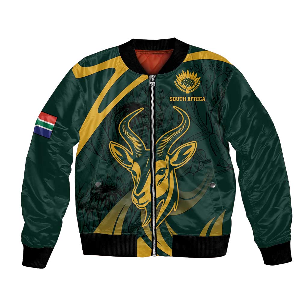 Green bomber jacket with full-zip front, springbok and South Africa crest graphic