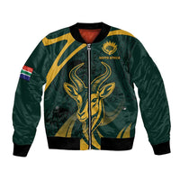 Green bomber jacket with full-zip front, springbok and South Africa crest graphic