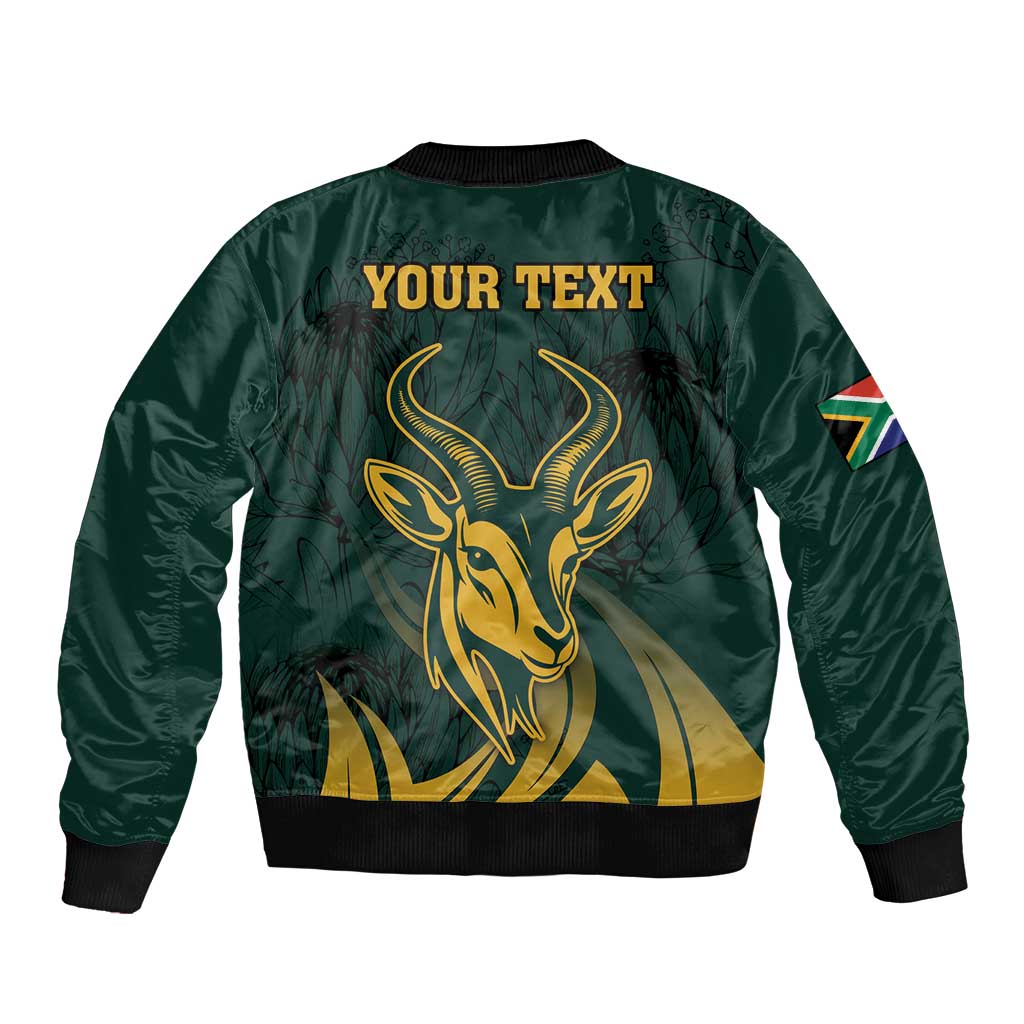 Green bomber jacket with full-zip, springbok graphic and back text panel