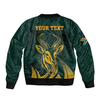 Green bomber jacket with full-zip, springbok graphic and back text panel