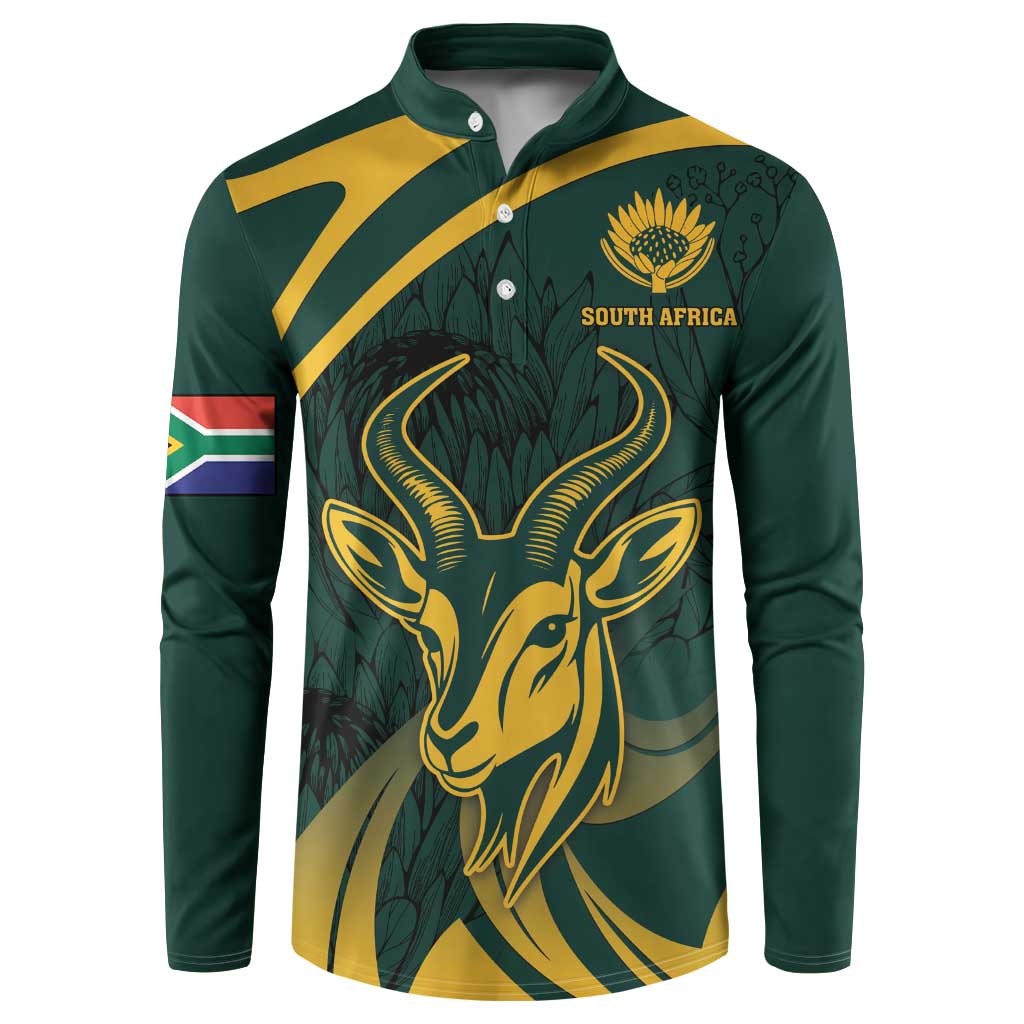 Green button henley sweatshirt with gold springbok, yellow number 7, and South Africa