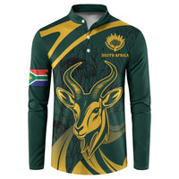 Green button henley sweatshirt with gold springbok, yellow number 7, and South Africa