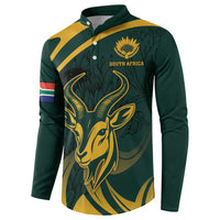 Green button henley sweatshirt with gold springbok and South Africa graphic