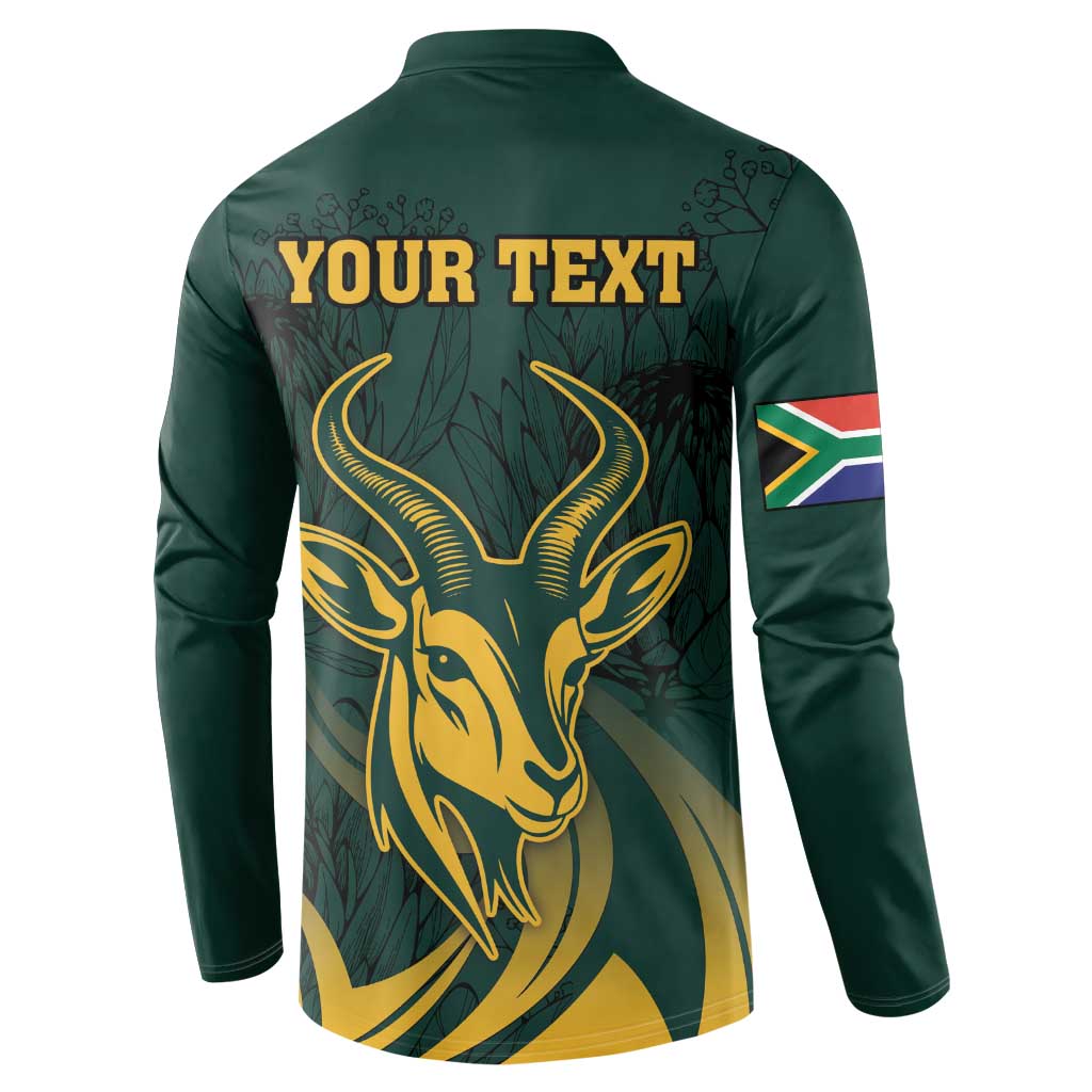 Green button sweatshirt back with gold springbok, leaves, and 'YOUR TEXT'