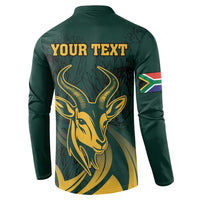 Green button sweatshirt back with gold springbok, leaves, and 'YOUR TEXT'