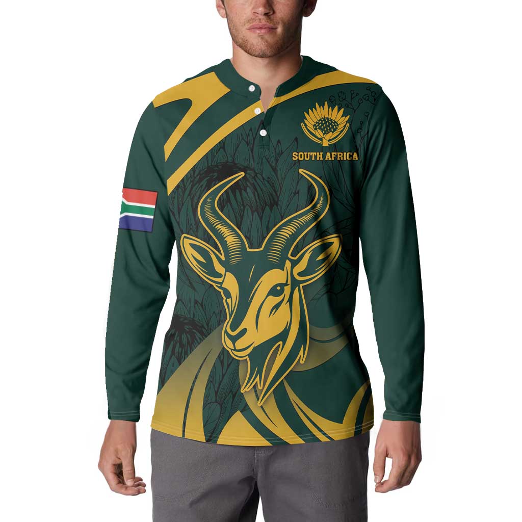 Green button henley sweatshirt with gold springbok and South Africa graphic