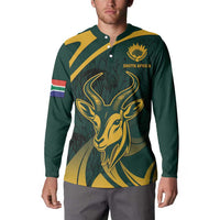 Green button henley sweatshirt with gold springbok and South Africa graphic