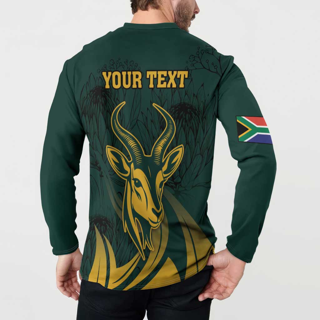 Green button sweatshirt back with gold springbok, 'YOUR TEXT', and flag sleeve