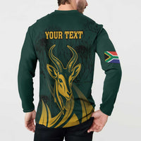 Green button sweatshirt back with gold springbok, 'YOUR TEXT', and flag sleeve