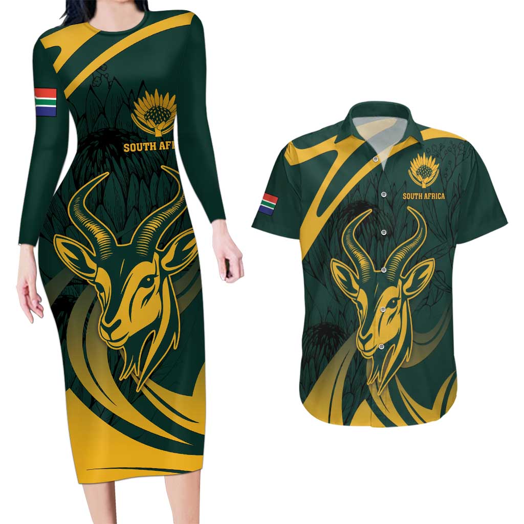 Personalized South Africa Springbok Couples Matching Long Sleeve Bodycon Dress and Hawaiian Shirt With Trendy Protea Flowers Patterns - Wonder Print Shop