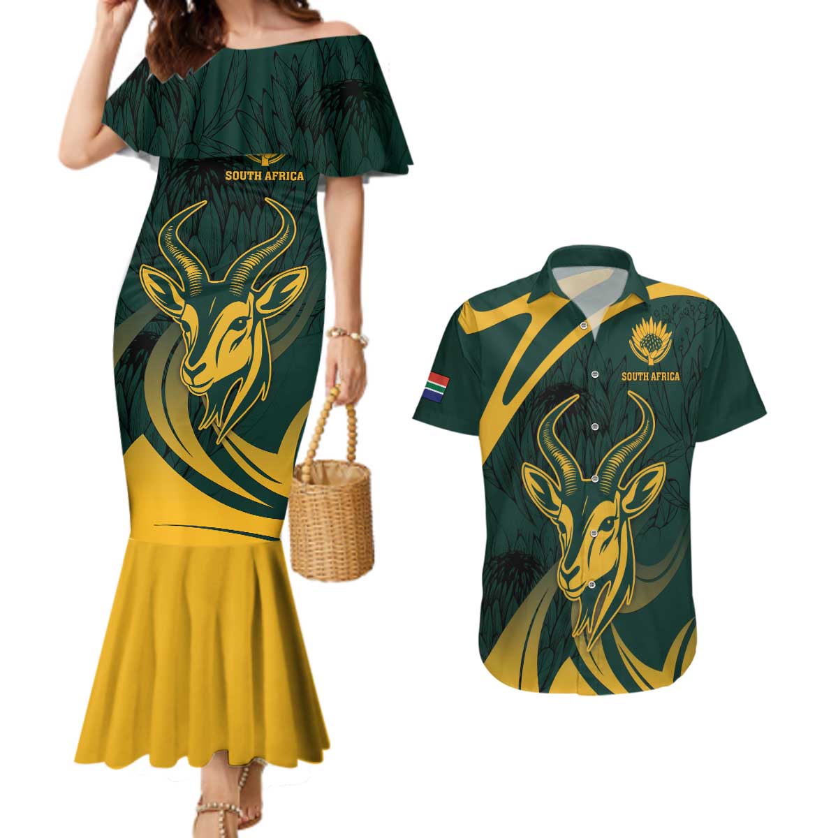 Personalized South Africa Springbok Couples Matching Mermaid Dress and Hawaiian Shirt With Trendy Protea Flowers Patterns - Wonder Print Shop