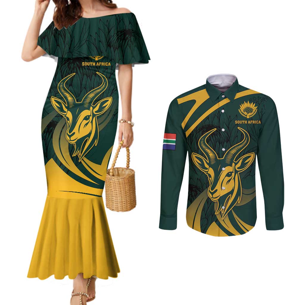 Personalized South Africa Springbok Couples Matching Mermaid Dress and Long Sleeve Button Shirt With Trendy Protea Flowers Patterns