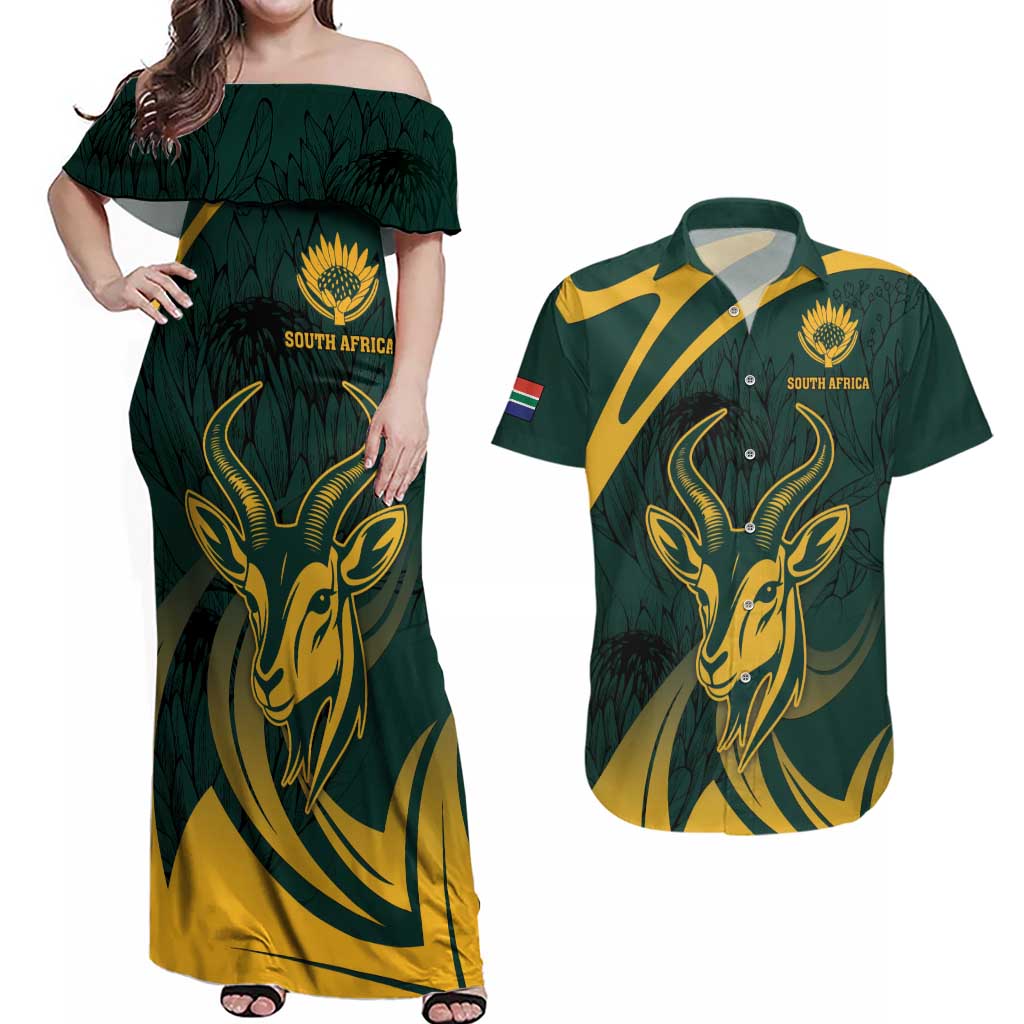 Personalized South Africa Springbok Couples Matching Off Shoulder Maxi Dress and Hawaiian Shirt With Trendy Protea Flowers Patterns - Wonder Print Shop