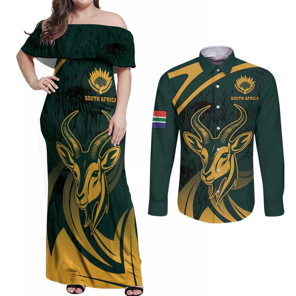 Personalized South Africa Springbok Couples Matching Off Shoulder Maxi Dress and Long Sleeve Button Shirt With Trendy Protea Flowers Patterns - Wonder Print Shop