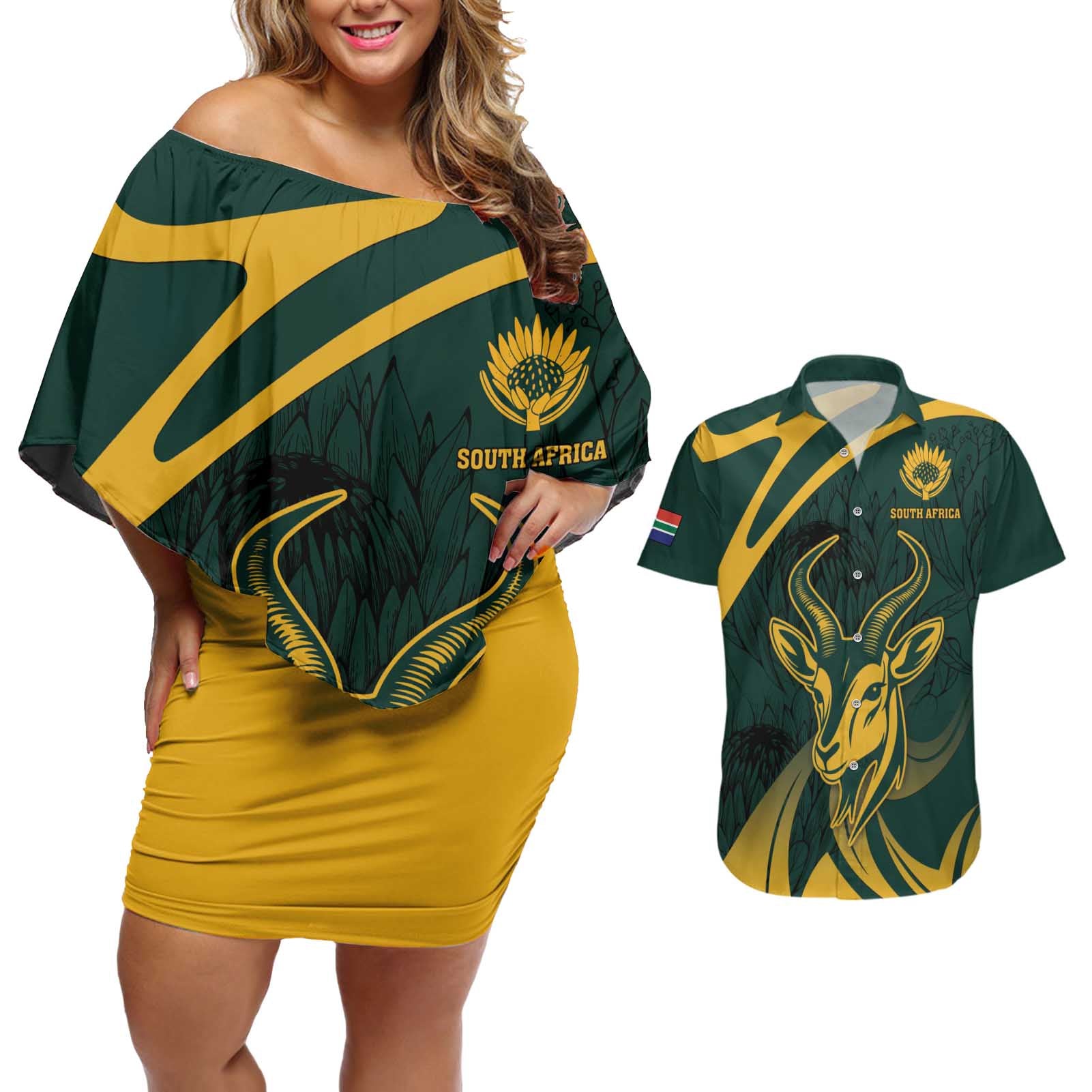 Personalized South Africa Springbok Couples Matching Off Shoulder Short Dress and Hawaiian Shirt With Trendy Protea Flowers Patterns - Wonder Print Shop