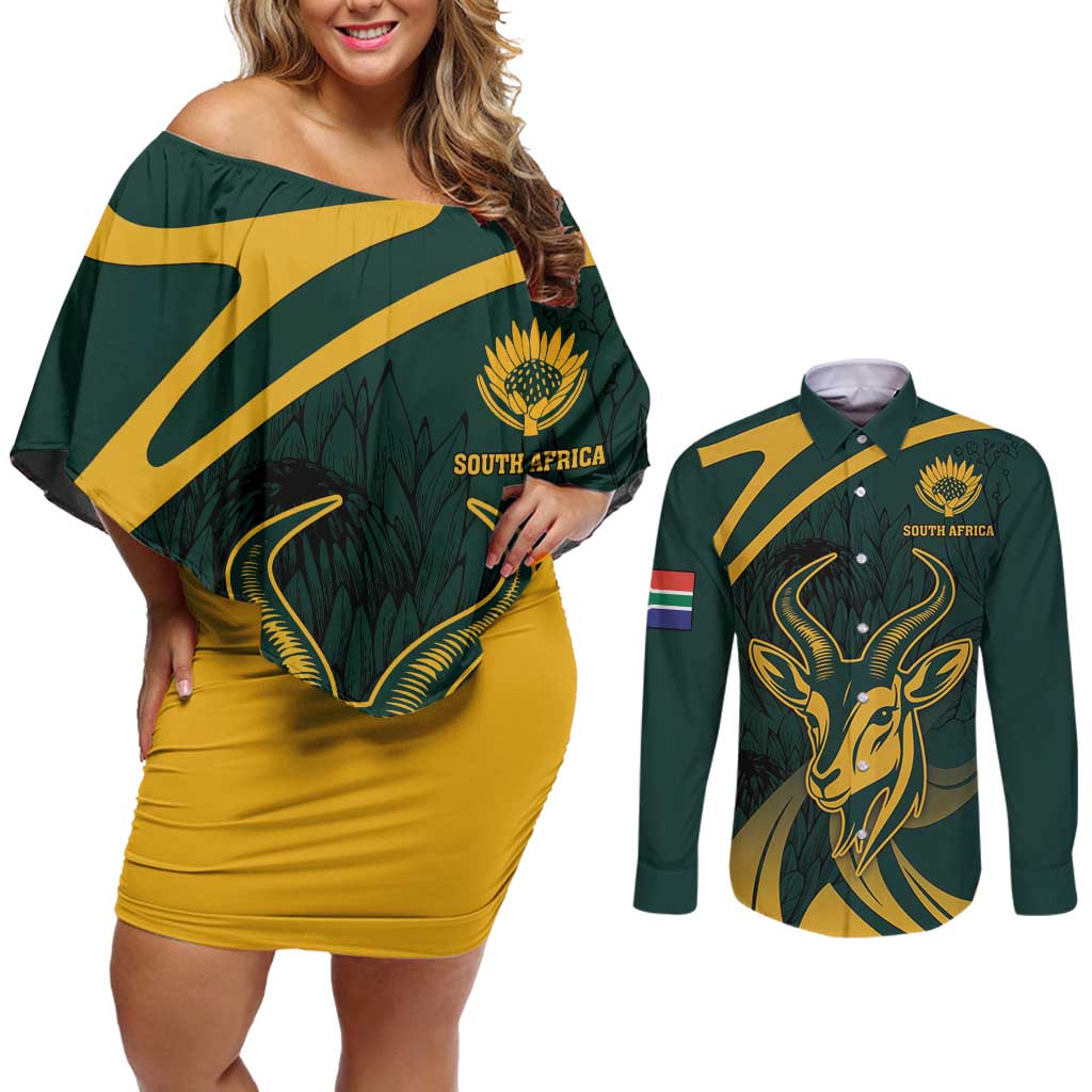 Personalized South Africa Springbok Couples Matching Off Shoulder Short Dress and Long Sleeve Button Shirt With Trendy Protea Flowers Patterns - Wonder Print Shop