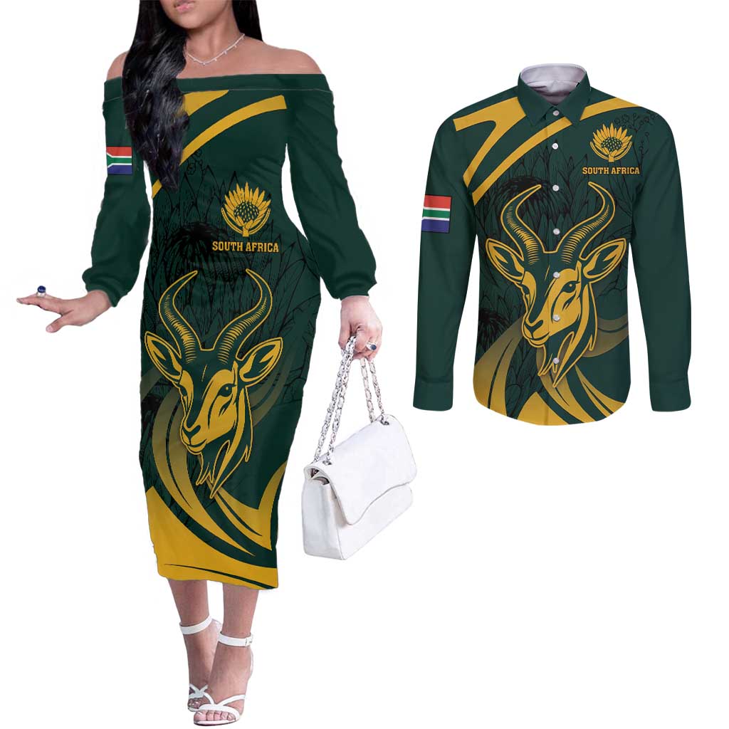 Personalized South Africa Springbok Couples Matching Off The Shoulder Long Sleeve Dress and Long Sleeve Button Shirt With Trendy Protea Flowers Patterns