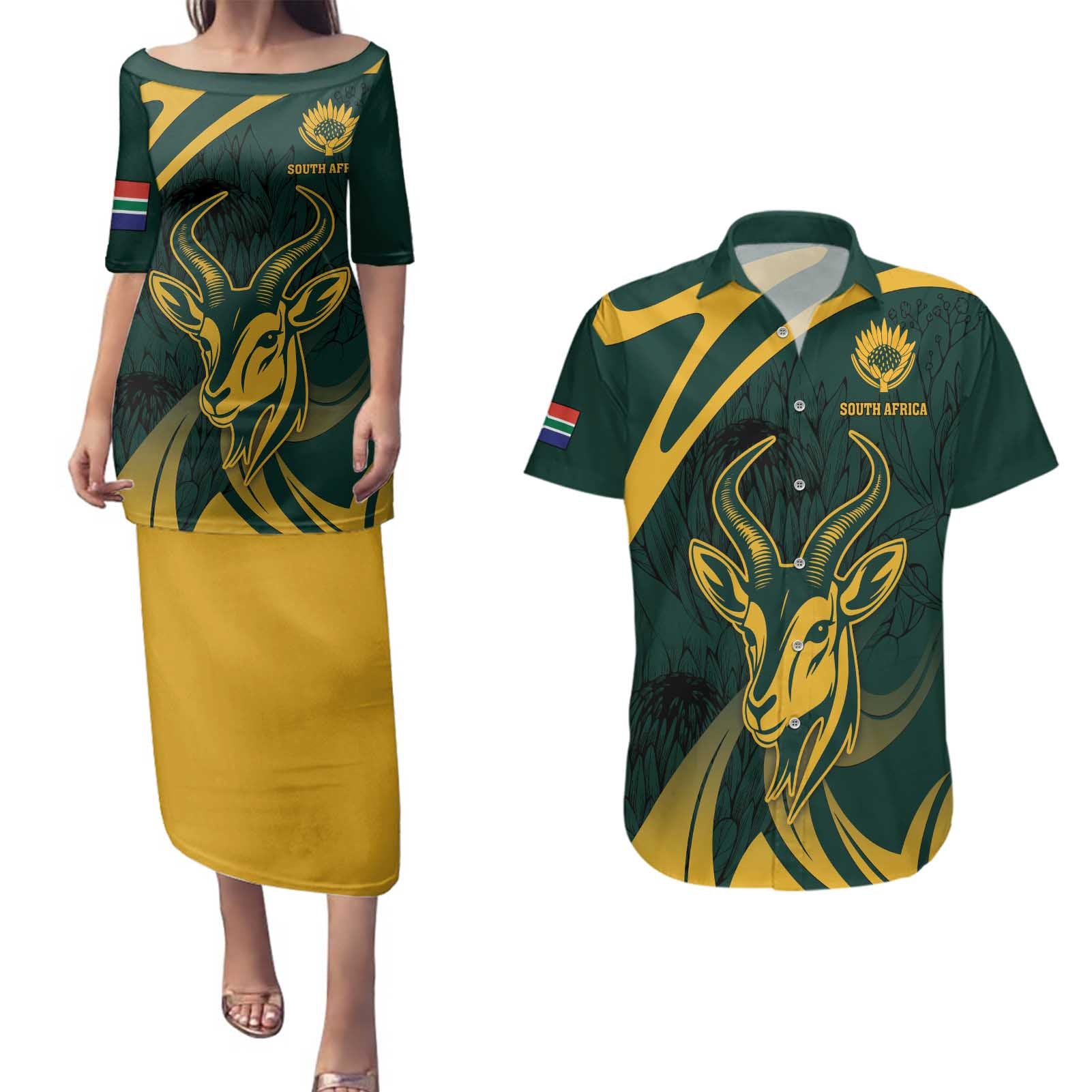 Personalized South Africa Springbok Couples Matching Puletasi and Hawaiian Shirt With Trendy Protea Flowers Patterns - Wonder Print Shop