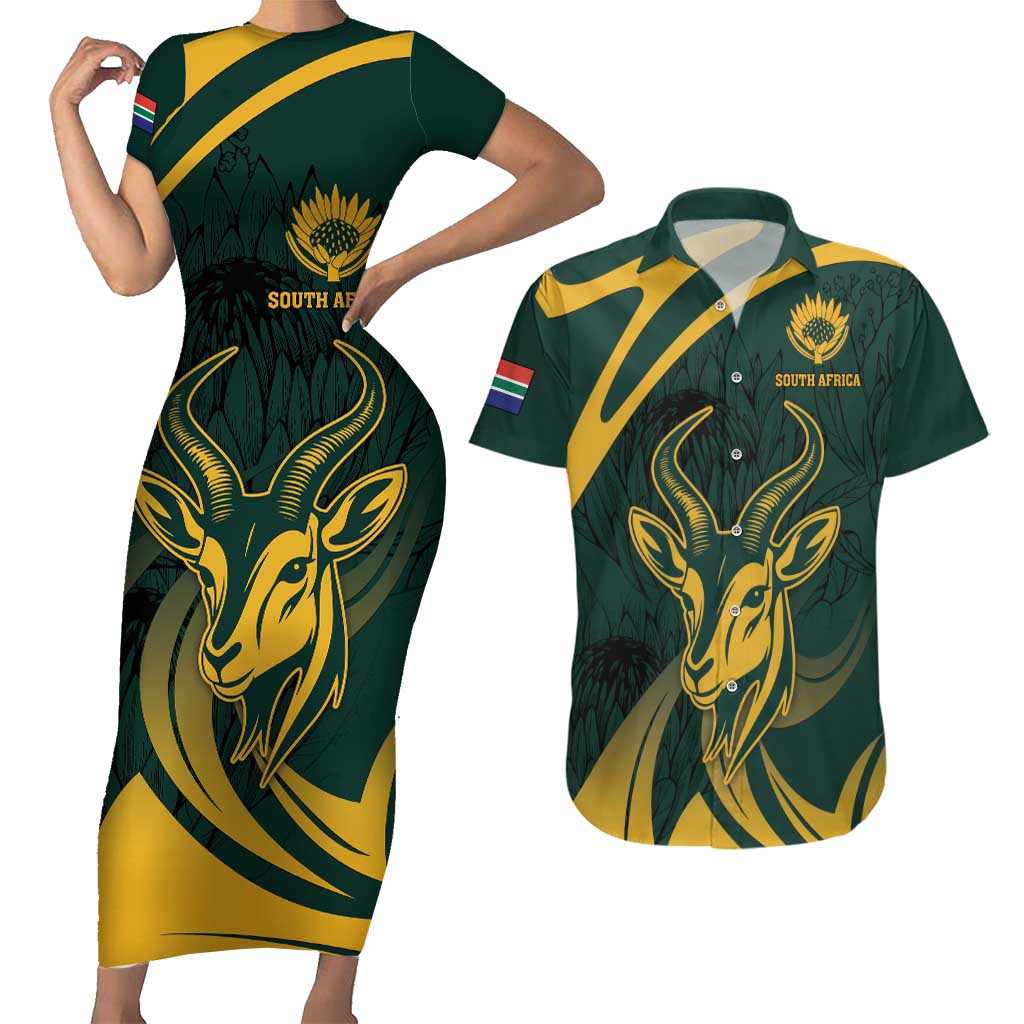 Personalized South Africa Springbok Couples Matching Short Sleeve Bodycon Dress and Hawaiian Shirt With Trendy Protea Flowers Patterns - Wonder Print Shop