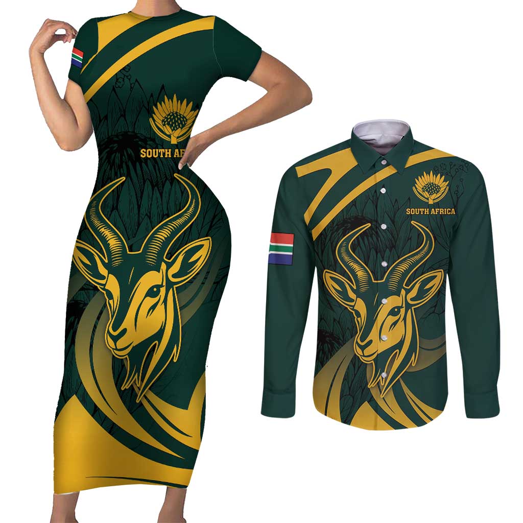 Personalized South Africa Springbok Couples Matching Short Sleeve Bodycon Dress and Long Sleeve Button Shirt With Trendy Protea Flowers Patterns - Wonder Print Shop