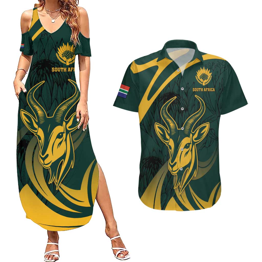 Personalized South Africa Springbok Couples Matching Summer Maxi Dress and Hawaiian Shirt With Trendy Protea Flowers Patterns - Wonder Print Shop