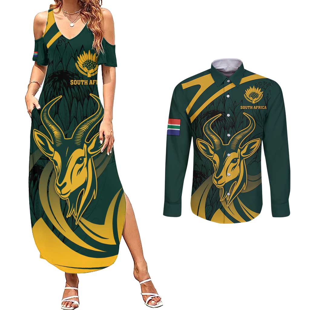 Personalized South Africa Springbok Couples Matching Summer Maxi Dress and Long Sleeve Button Shirt With Trendy Protea Flowers Patterns - Wonder Print Shop