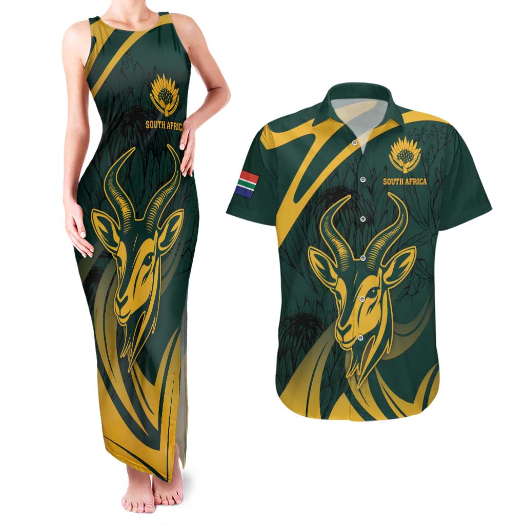 Personalized South Africa Springbok Couples Matching Tank Maxi Dress and Hawaiian Shirt With Trendy Protea Flowers Patterns - Wonder Print Shop