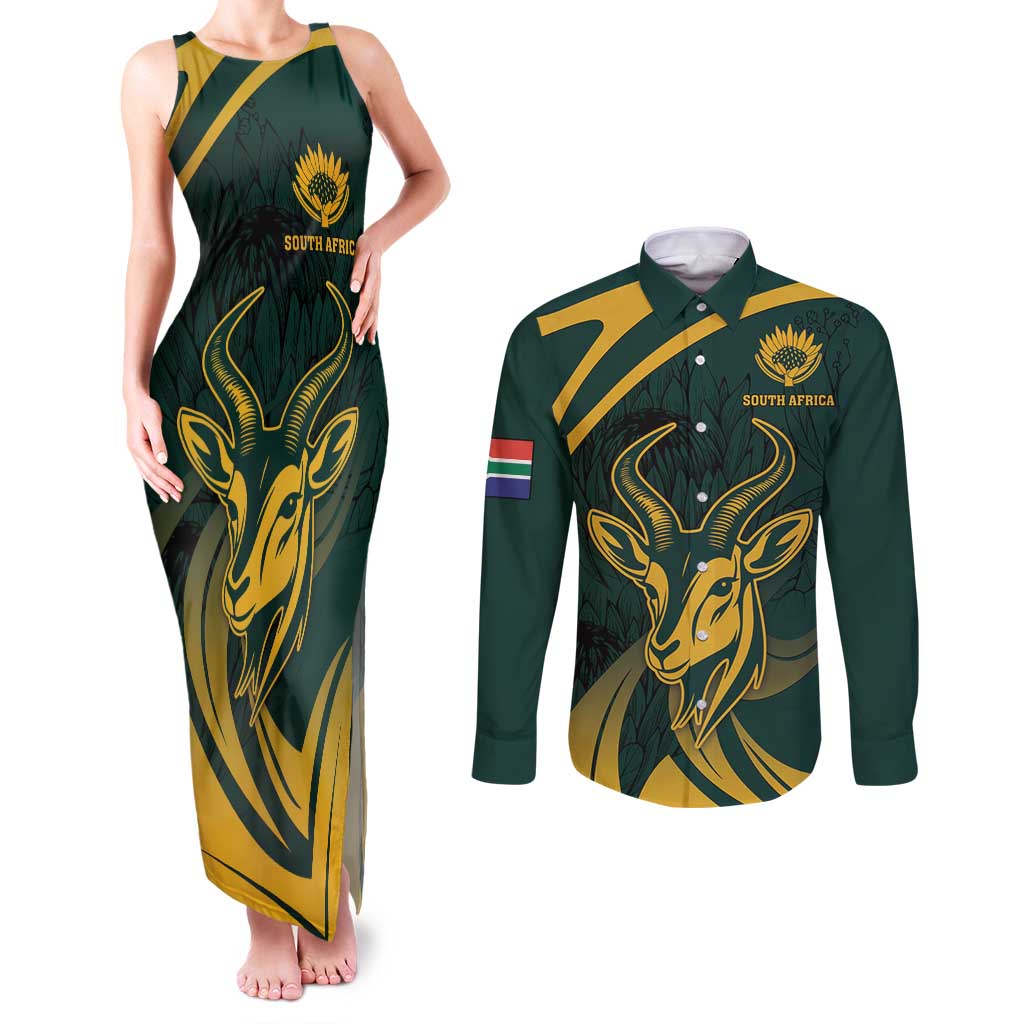 Personalized South Africa Springbok Couples Matching Tank Maxi Dress and Long Sleeve Button Shirt With Trendy Protea Flowers Patterns - Wonder Print Shop