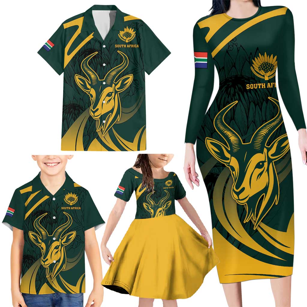 Personalized South Africa Springbok Family Matching Long Sleeve Bodycon Dress and Hawaiian Shirt With Trendy Protea Flowers Patterns - Wonder Print Shop