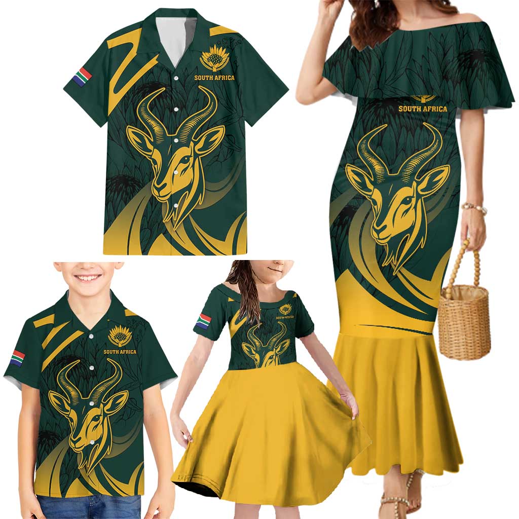 Personalized South Africa Springbok Family Matching Mermaid Dress and Hawaiian Shirt With Trendy Protea Flowers Patterns - Wonder Print Shop