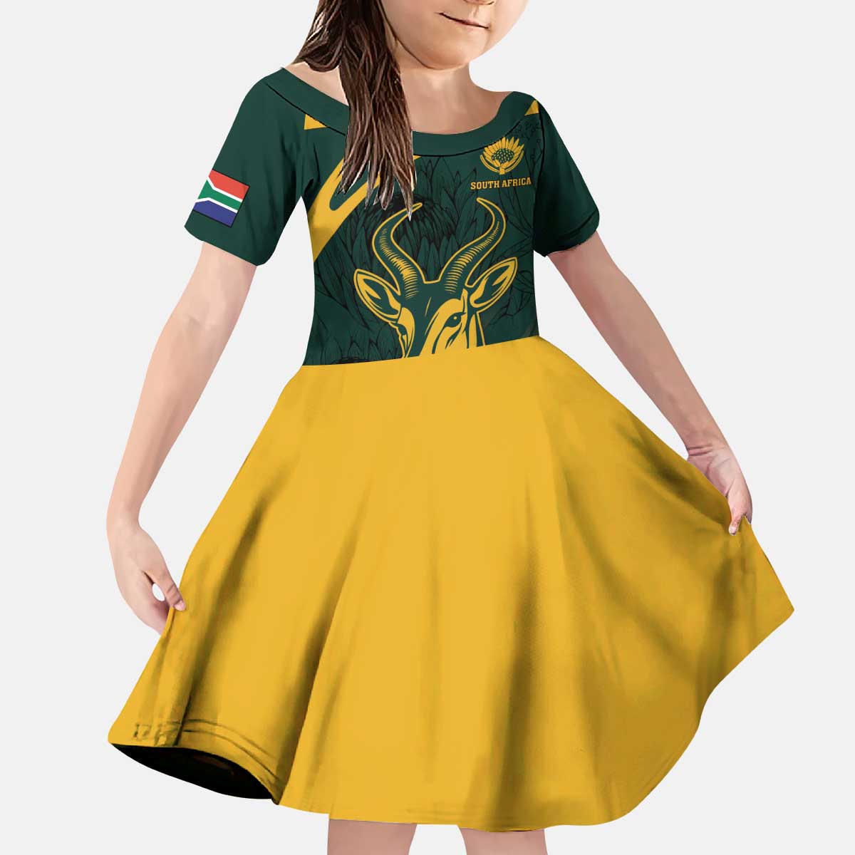 Personalized South Africa Springbok Kid Short Sleeve Dress With Trendy Protea Flowers Patterns - Wonder Print Shop