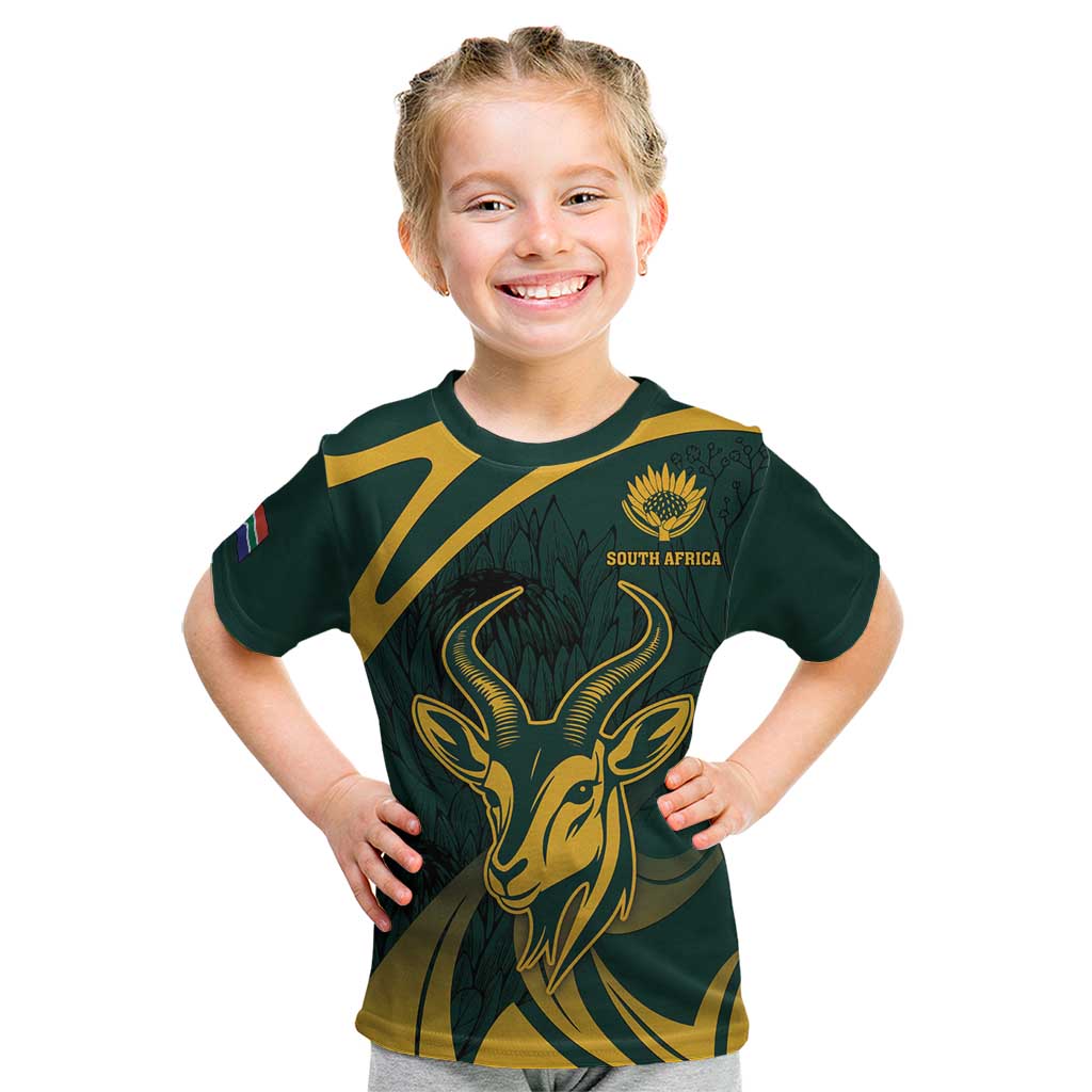 Personalized South Africa Springbok Kid T Shirt With Trendy Protea Flowers Patterns - Wonder Print Shop