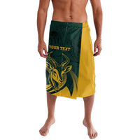 Green and yellow personalized lavalava skirt with antelope head graphic and bold text