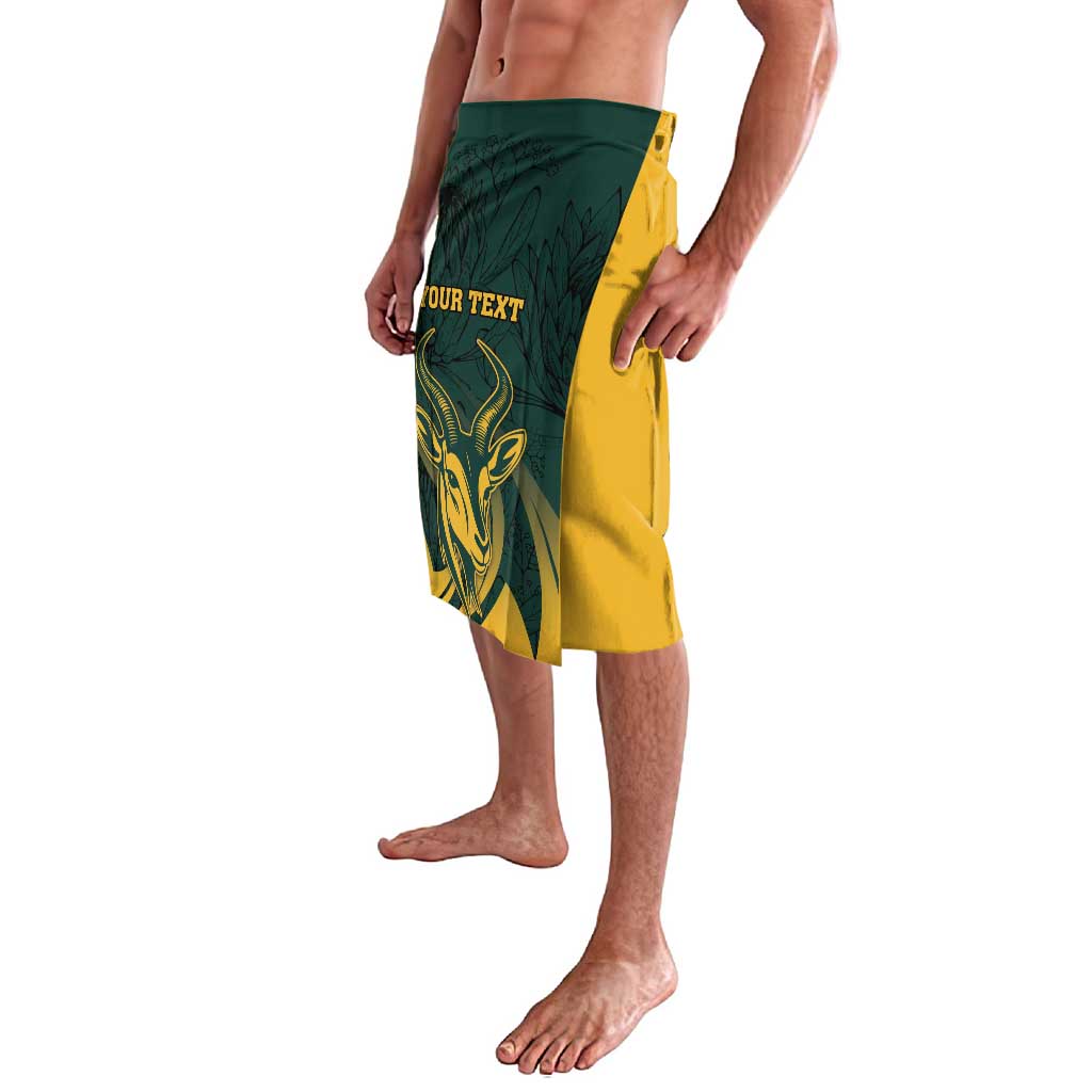 Personalized green and yellow lavalava skirt with antelope graphic and custom text
