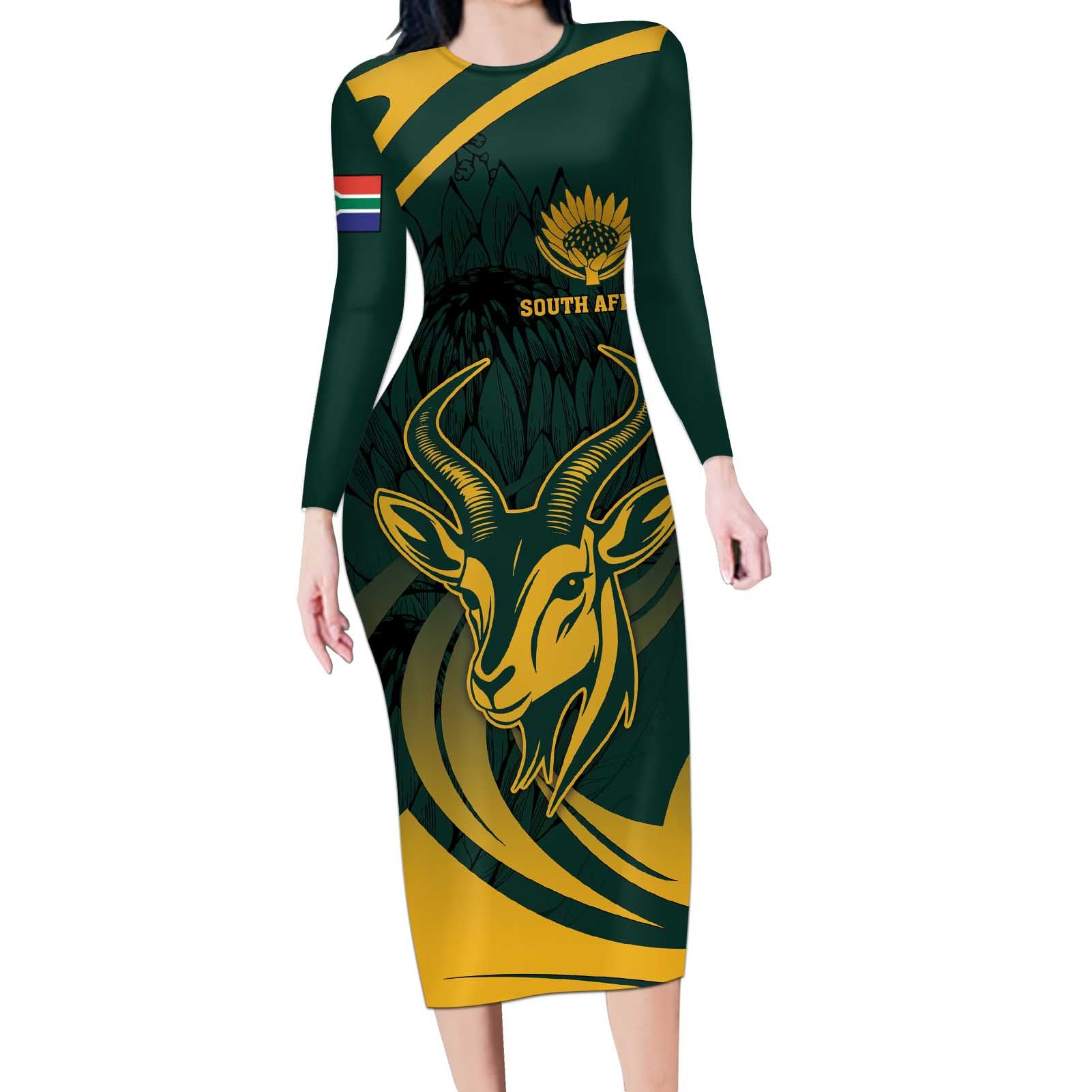 Personalized South Africa Springbok Long Sleeve Bodycon Dress With Trendy Protea Flowers Patterns - Wonder Print Shop