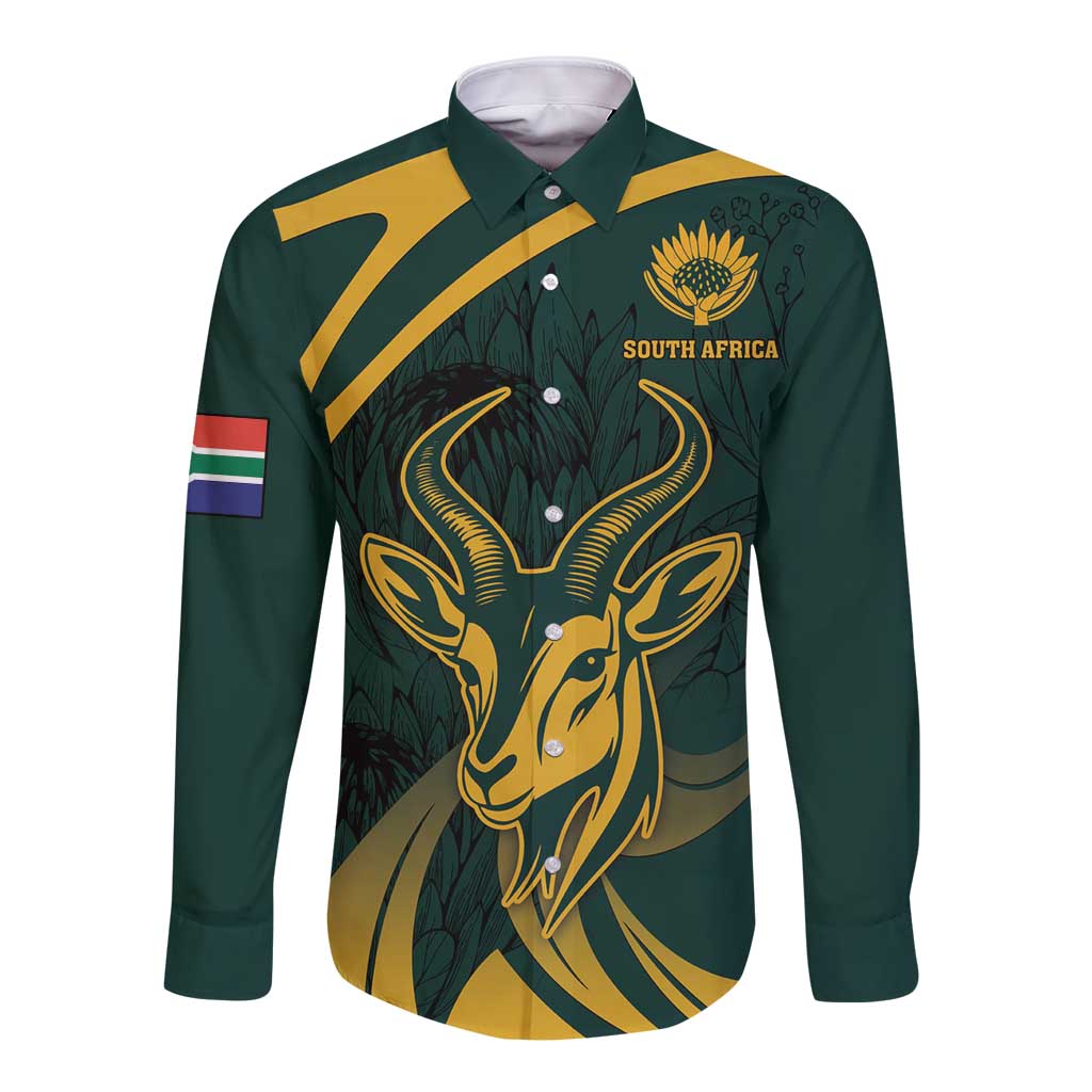 Green long-sleeve button shirt with gold springbok front graphic and South Africa flag patch