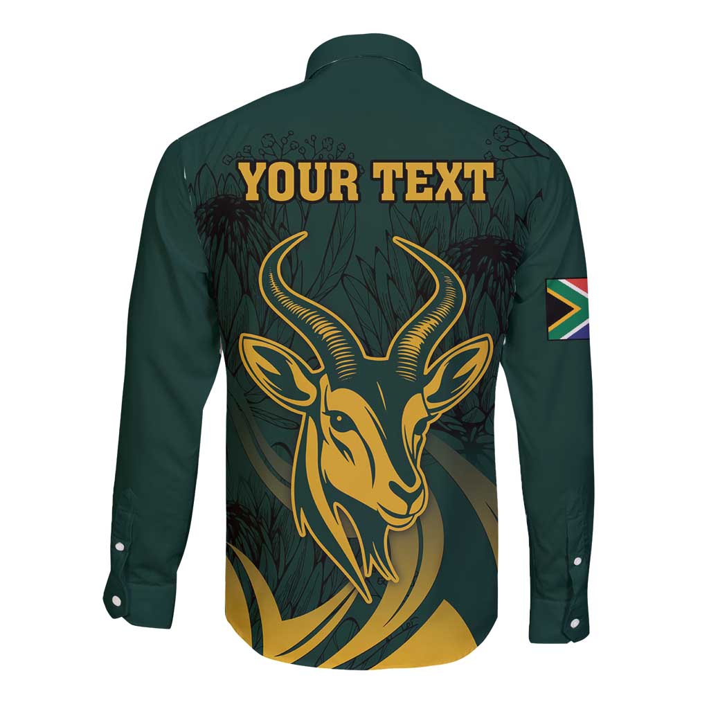 Green long-sleeve button shirt with gold springbok back graphic and 'YOUR TEXT'