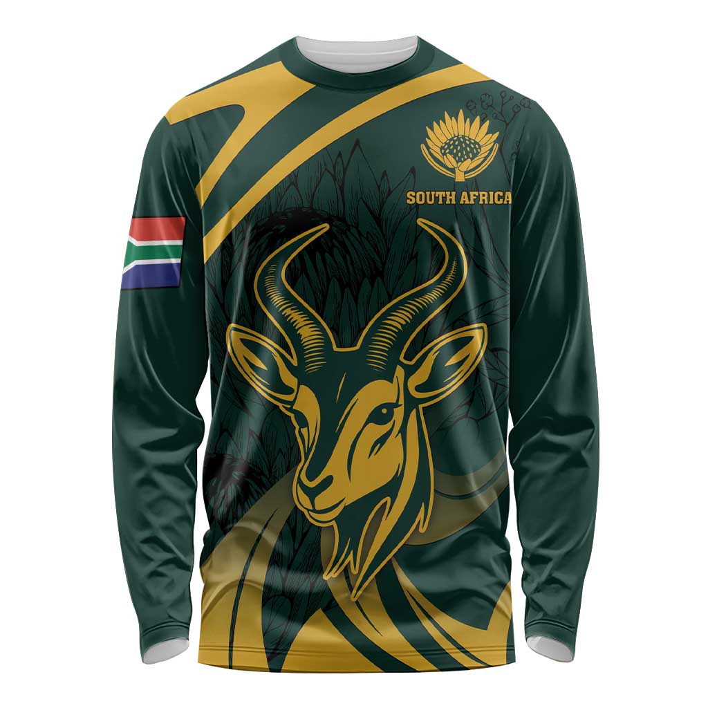 Personalized South Africa Springbok Long Sleeve Shirt With Trendy Protea Flowers Patterns - Wonder Print Shop