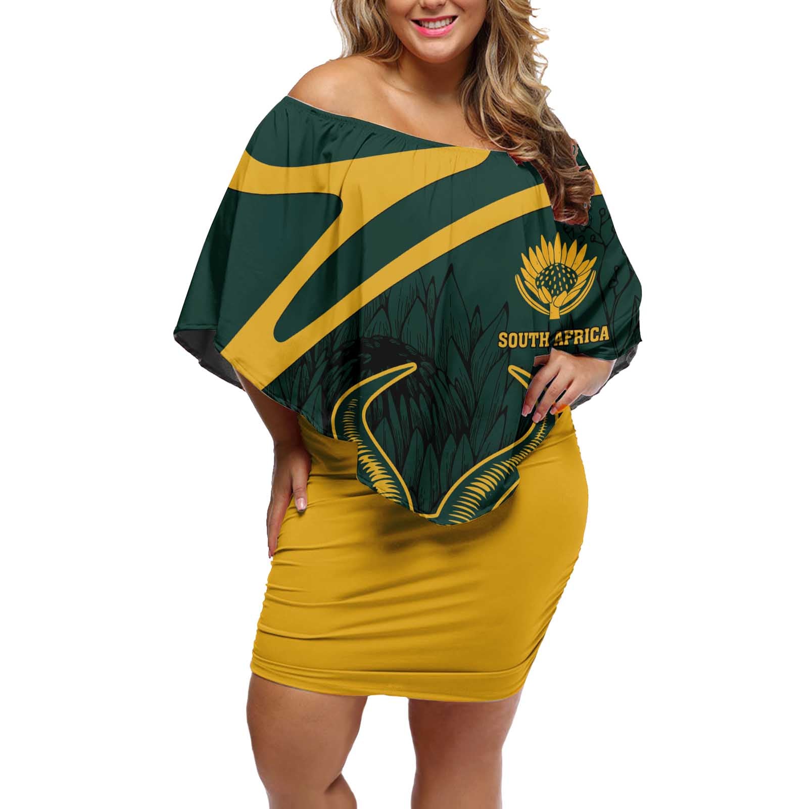 Personalized South Africa Springbok Off Shoulder Short Dress With Trendy Protea Flowers Patterns - Wonder Print Shop