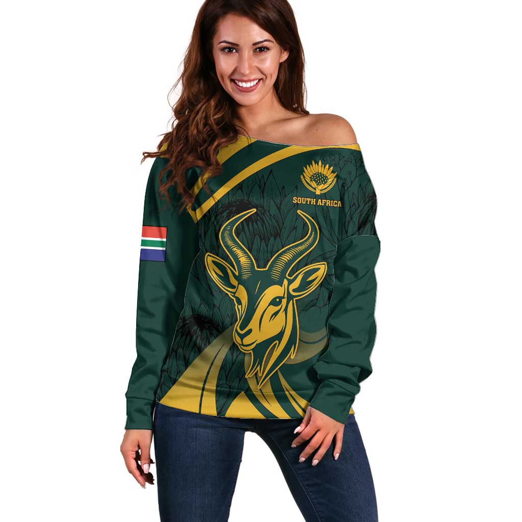 Personalized South Africa Springbok Off Shoulder Sweater With Trendy Protea Flowers Patterns - Wonder Print Shop