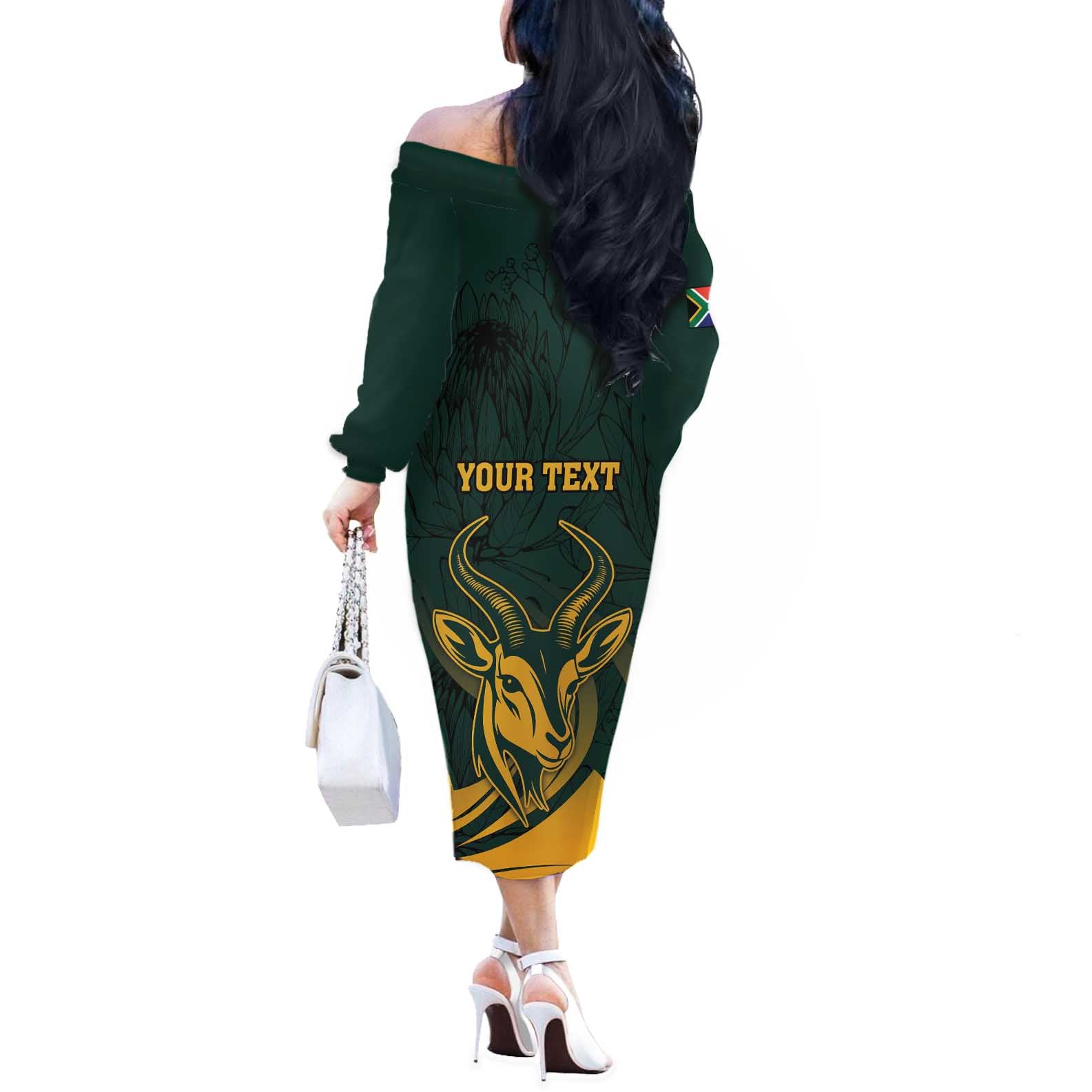 Personalized South Africa Springbok Off The Shoulder Long Sleeve Dress With Trendy Protea Flowers Patterns - Wonder Print Shop