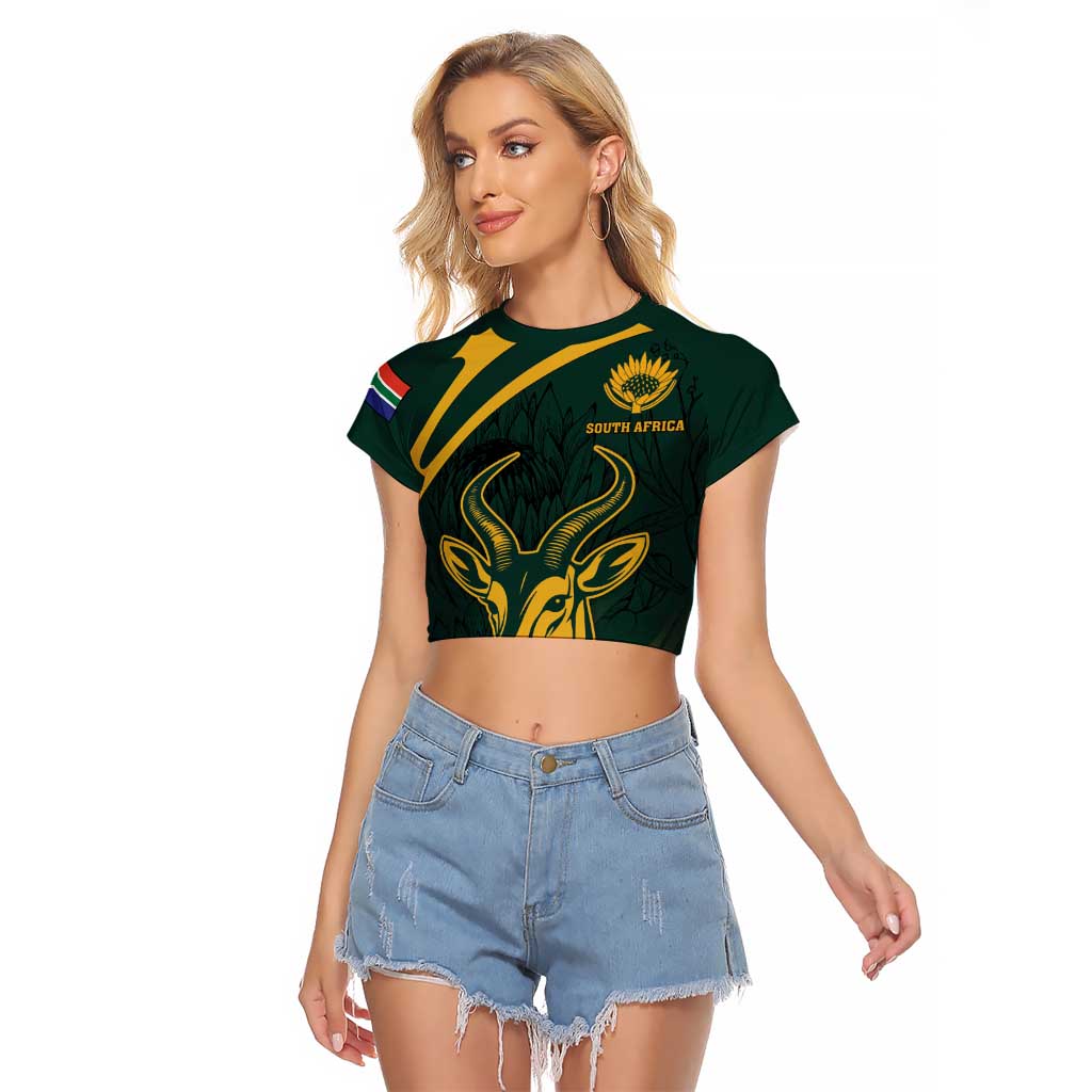 Personalized South Africa Springbok Raglan Cropped T Shirt With Trendy Protea Flowers Patterns - Wonder Print Shop