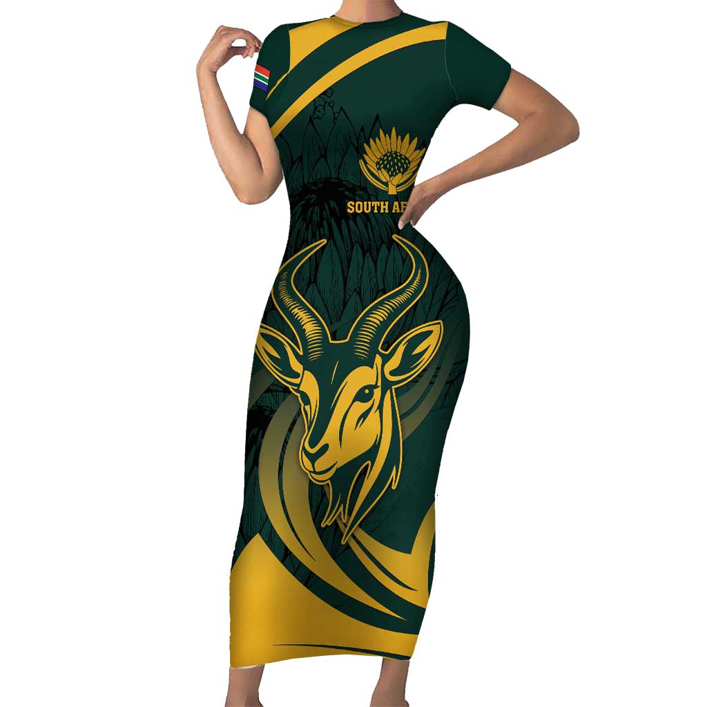 Personalized South Africa Springbok Short Sleeve Bodycon Dress With Trendy Protea Flowers Patterns