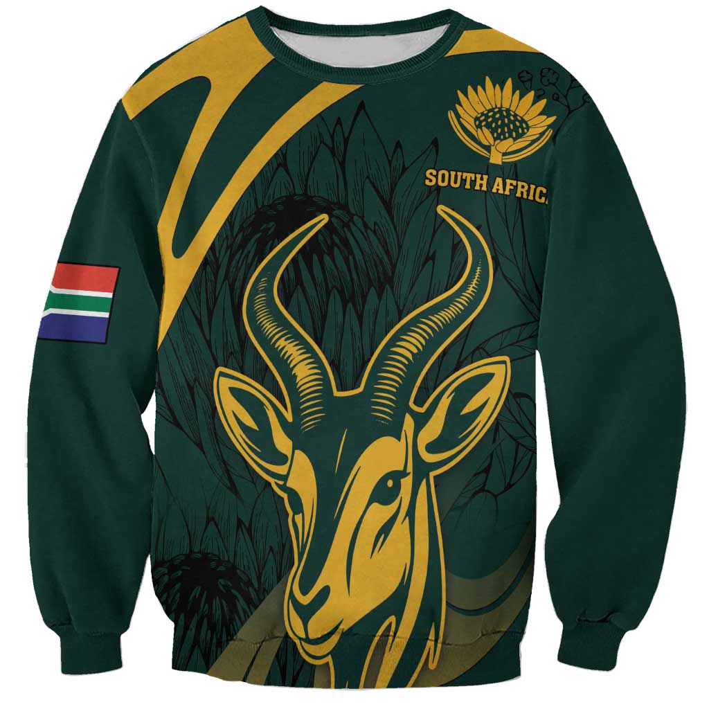 Green crewneck sweatshirt with gold springbok graphic and South Afric text