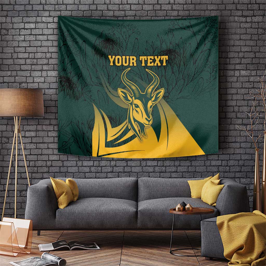 Green wall tapestry with gold springbok emblem, dark leaf pattern, centered editable text