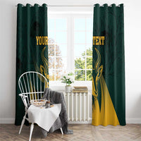 Green and gold window curtains with springbok artwork, top hooks, and personalized text