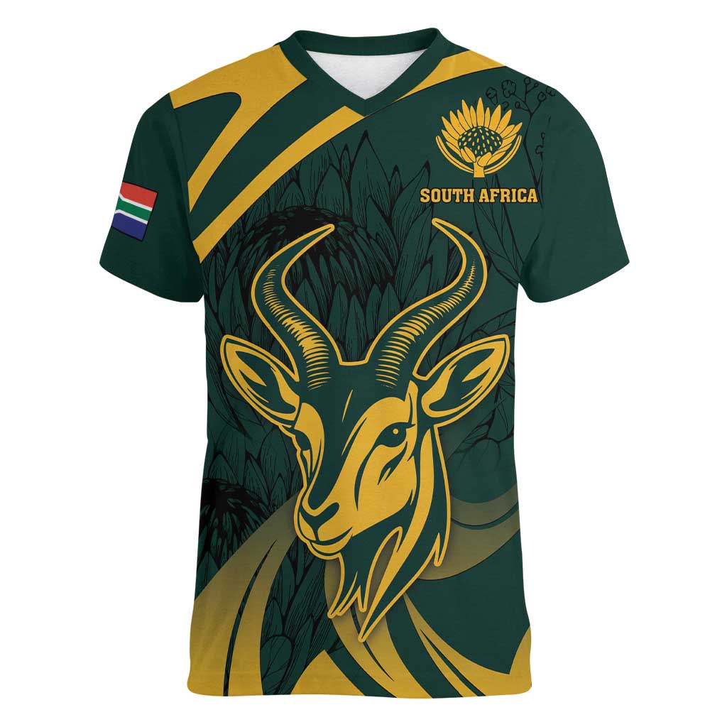 Personalized South Africa Springbok Women V-Neck T-Shirt With Trendy Protea Flowers Patterns